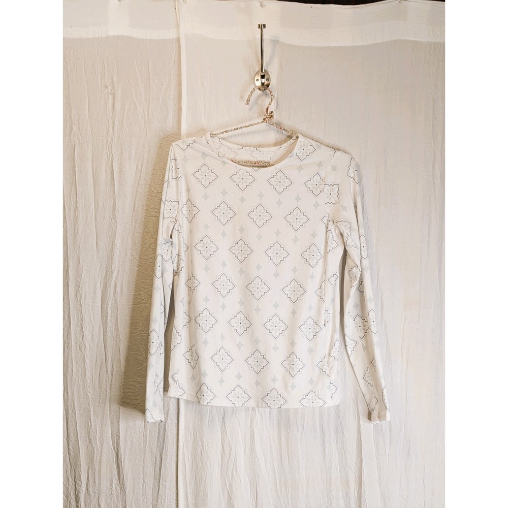 Hang Ten Women's Sun Tee Long Sleeve White S Blue Diamond Pattern UPF 50+ SOFT!